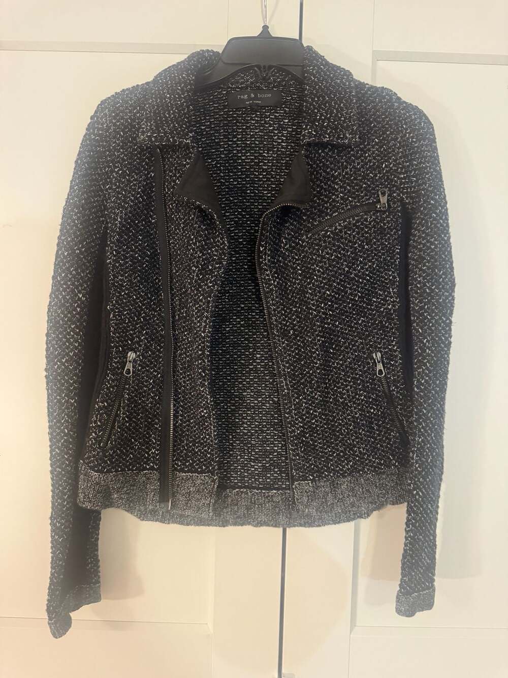 rag & bone Melinda Black Tweed Knit Biker Jacket
